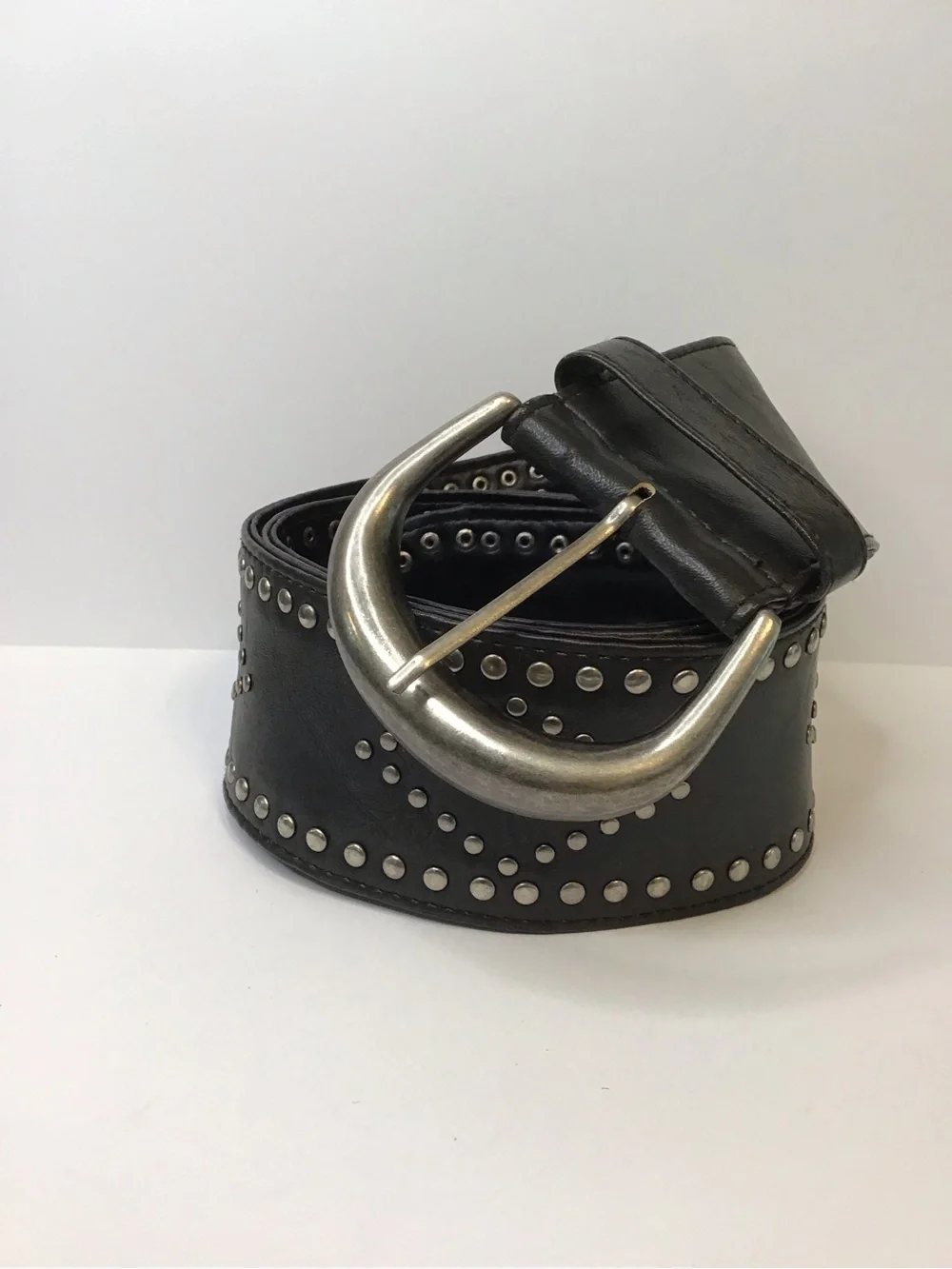 Boho Women's Black Studded Faux Leather 3 Inch Wide Belt with Silver Buckle L